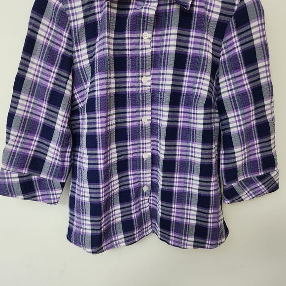 REBECCA MALONE Women's Purple Plaid Button Up Shirt 3/4 Sleeve Size S - Picture 3 of 7